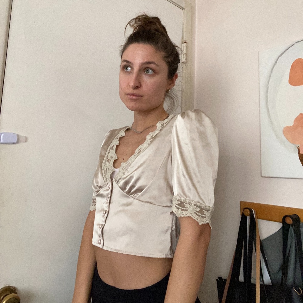 silky, button up lace shirt